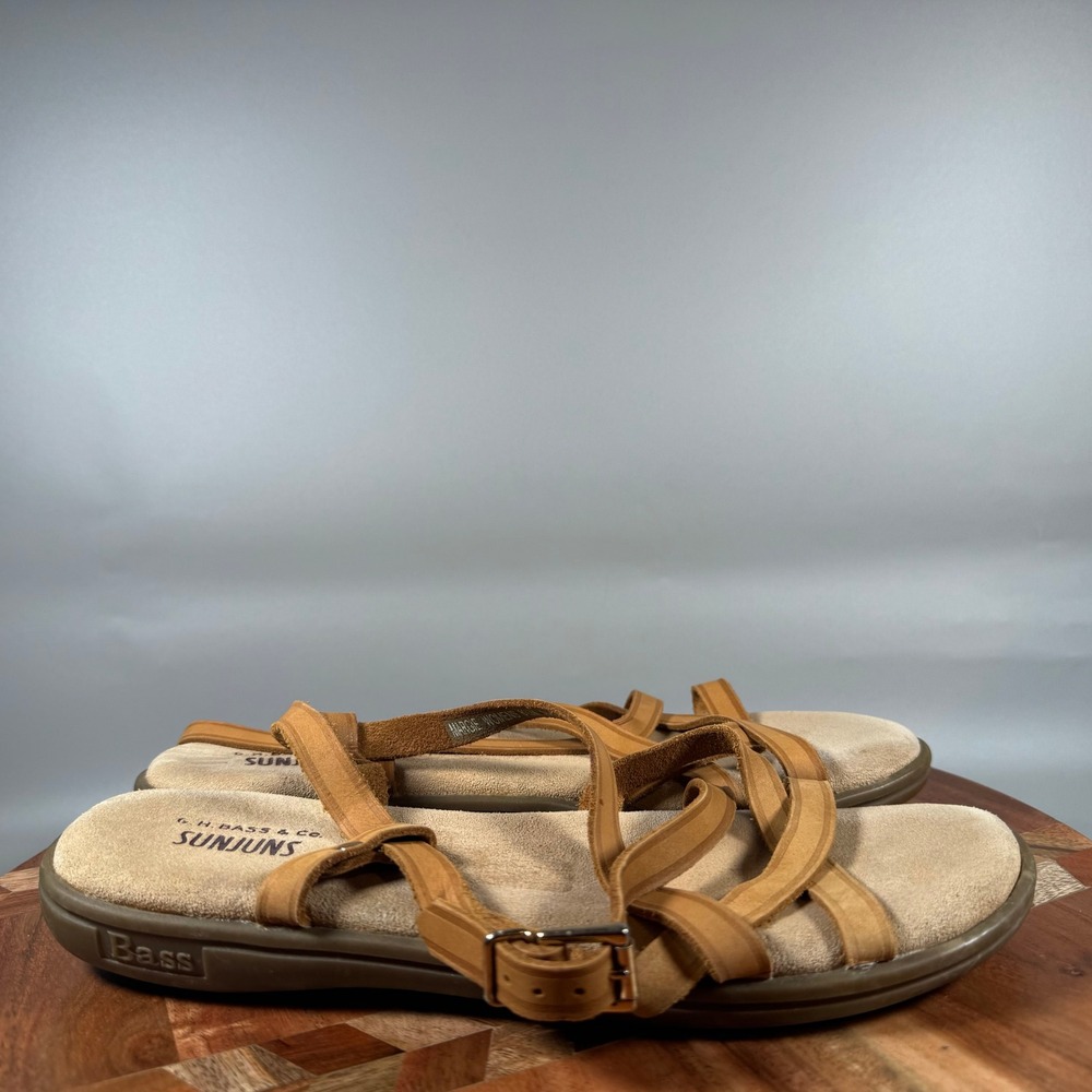 GH Bass Sunjuns Margie Womens 8.5M Tan Leather Strappy Buckle Flat Sandals Brown